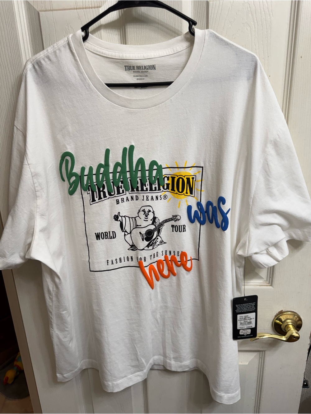 True Religion White Tee with Multicolor Script and Guitar Graphic